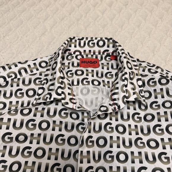 Hugo Boss Men's White Ermo All Over Logo Casual Slim Fit Button Down Shirt - Picture 2 of 5